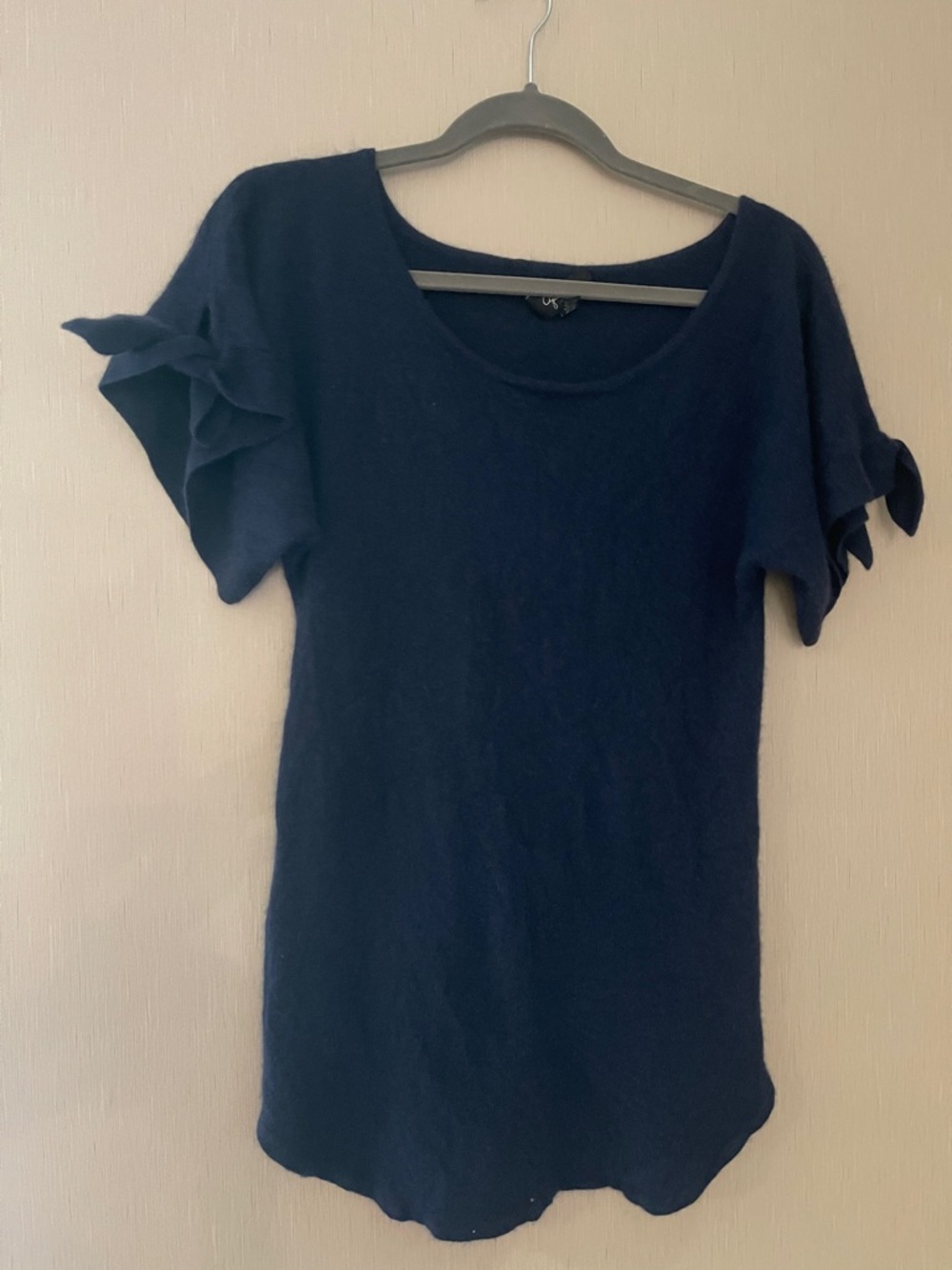 Aqua cashmere navy tunic top sweater short sleeve tie sleeve medium READ